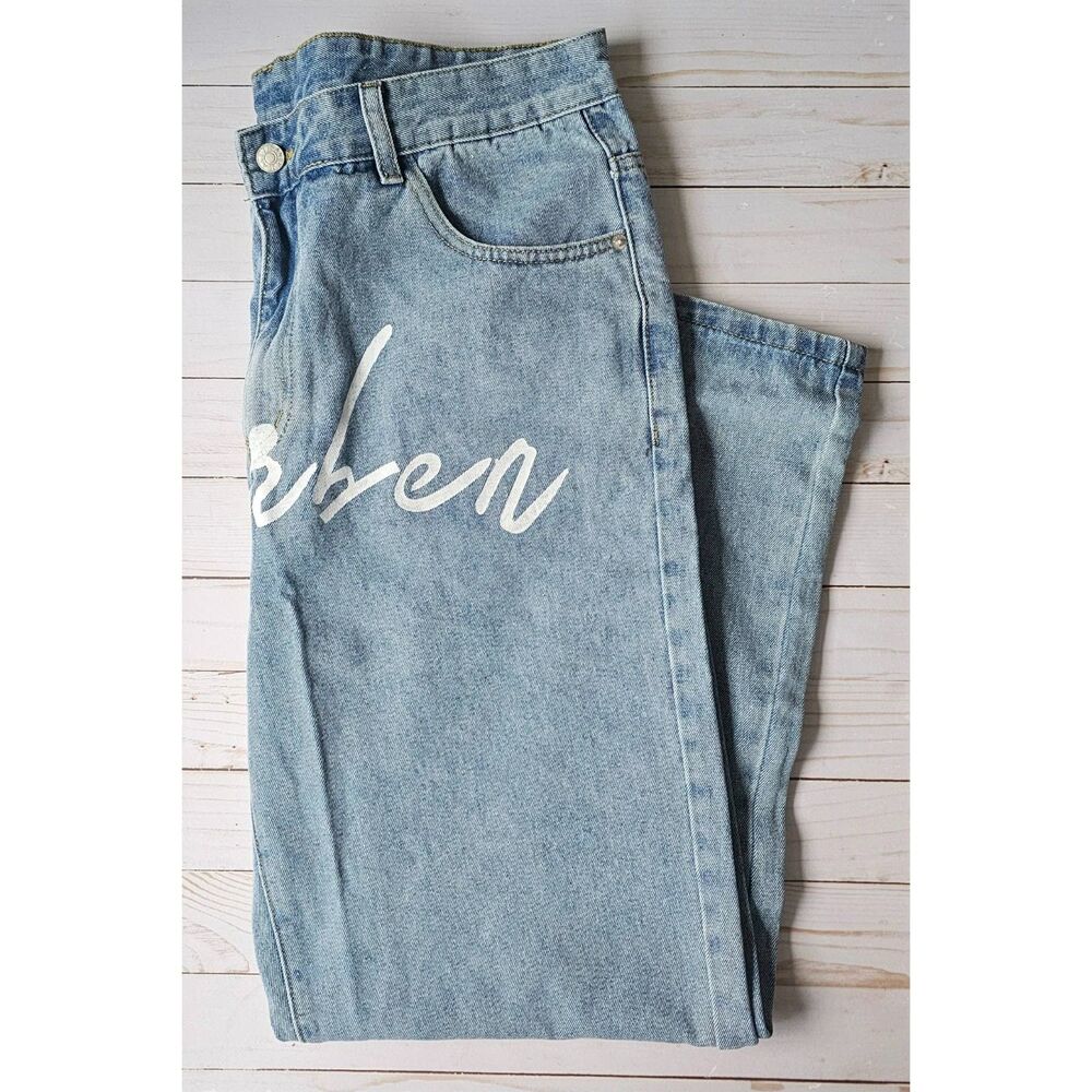 Amazon Men’s XL 36 Light Wash Graphic Jeans Blue Denim Script Straight Leg